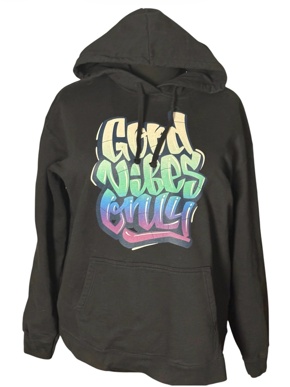 Port CO Men's Black Hooded with Multicolor “Good Vibes Only”Hippie Kangoo SZ 2XL